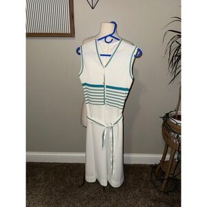 Vintage White Teal Stripe Knit Sleeveless Midi Dress Belted V Neck Size M